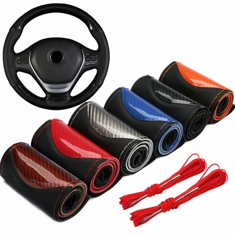 Housse de volant de voiture en Fiber de carbone, couvre-volant de sport cousu à la main, couvre-volant de voiture antidérapant, tresse en cuir pour volant