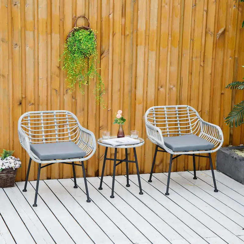 3-teiliges Gartenmöbel-Set aus PE-Rattan, Outdoor-Sitzgruppe mit 2 Stühlen und Tisch mit Glasplatte für Terrasse und