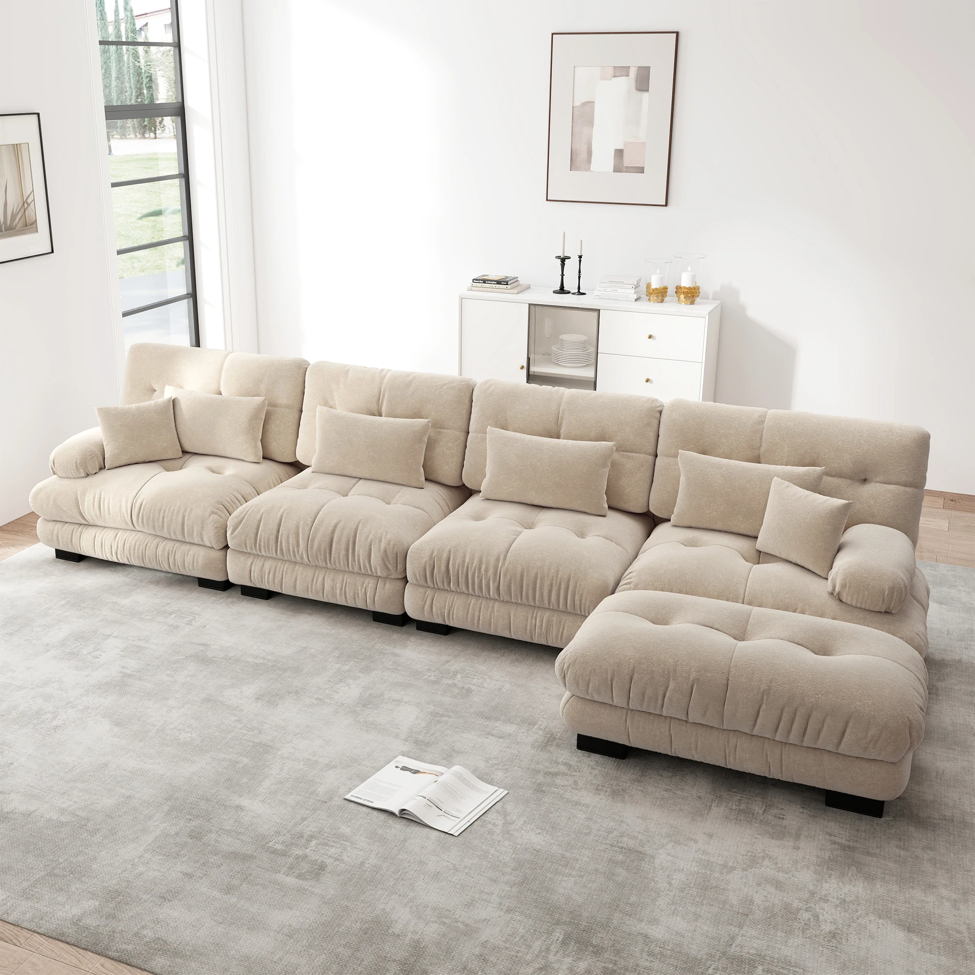 Modulares L‑förmiges Ecksofa für Wohnzimmer, 4‑Sitzer komfortable Cloud Couch mit beweglichem Ottoman, DIY‑Kombination aus Chenille, inkl. 4 Lendenkissen & 2 Dekokissen – Hellbraun (Light Coffee)