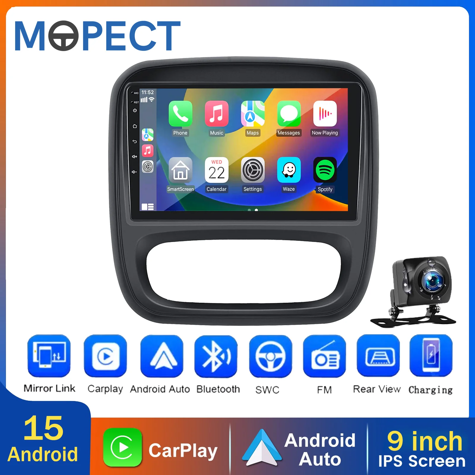MOPECT BT 4+64GB Autoradio mit Carplay, GPS, BT, WiFi, Android 15, DVR, DAB+, FM für Vauxhall Vivaro B 2014-2019 Image