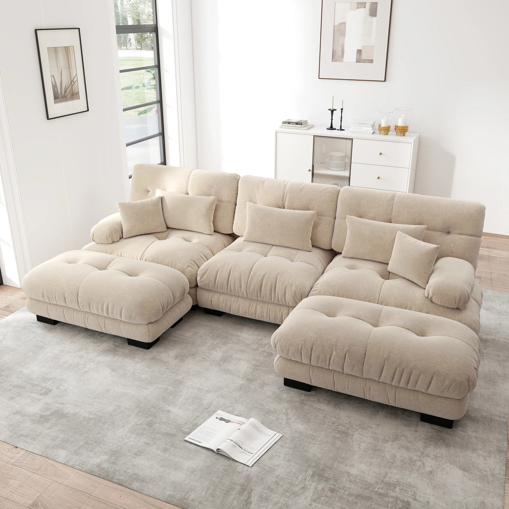 Luxuriöses modulares Ecksofa – Übergroße U‑förmige Cloud Couch für Wohnzimmer, tiefes Schlafsofa mit 2 Ottoman, weicher Chenille‑Bezug, mit 3 Lendenkissen & 3 Dekokissen – Hellbraun (Light Coffee)
