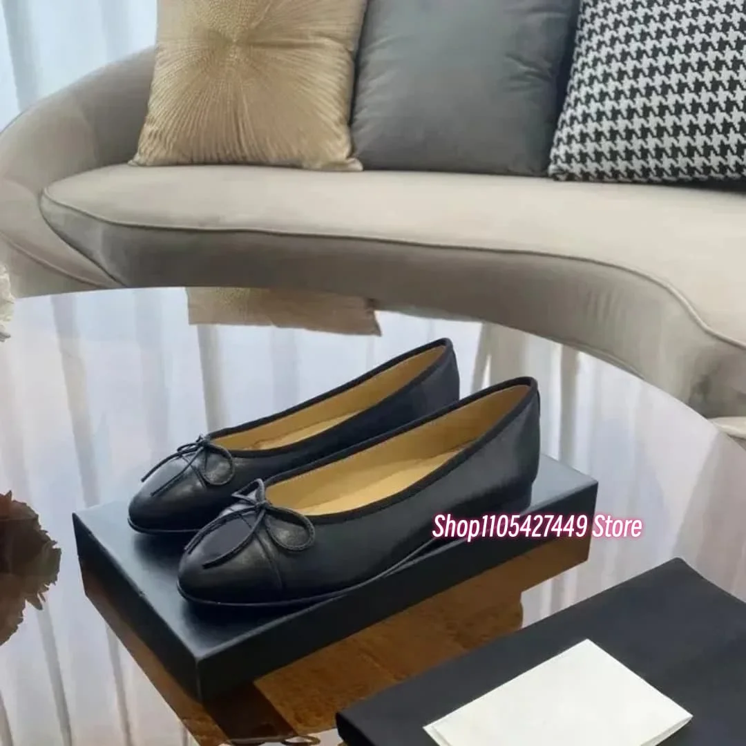 Neues Design Denim-Blazer Frühling Herbst Ballerinas Leder Runde Spitze Schleife Bequeme Größe Passende Damenschuhe Ballettschuhe