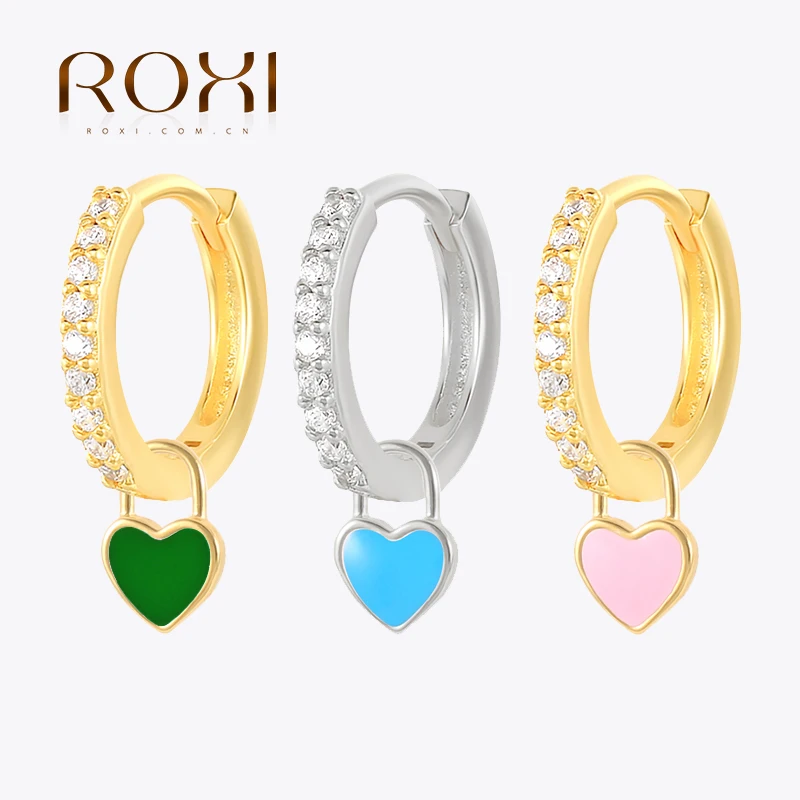 Orecchini a cerchio con cristalli a cuore ROXI Lovely per donna ragazza orecchini pendenti con cartilagine verde blu rosa Kolczyki in argento Sterling 925