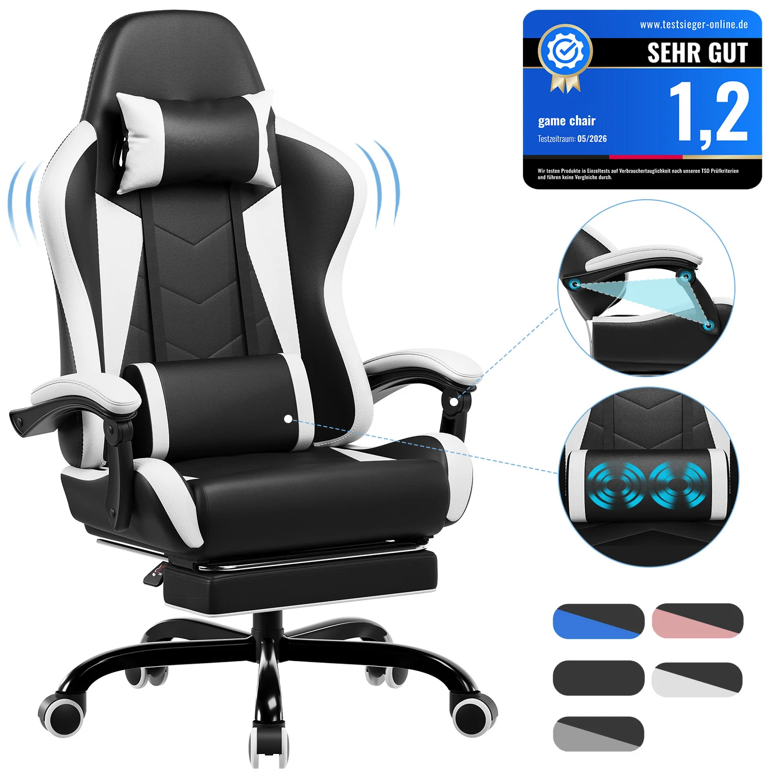 HOMALL Gaming-Stuhl mit Lendenwirbelmassage und Fußstütze – ergonomischer Bürostuhl mit Liegefunktion Image
