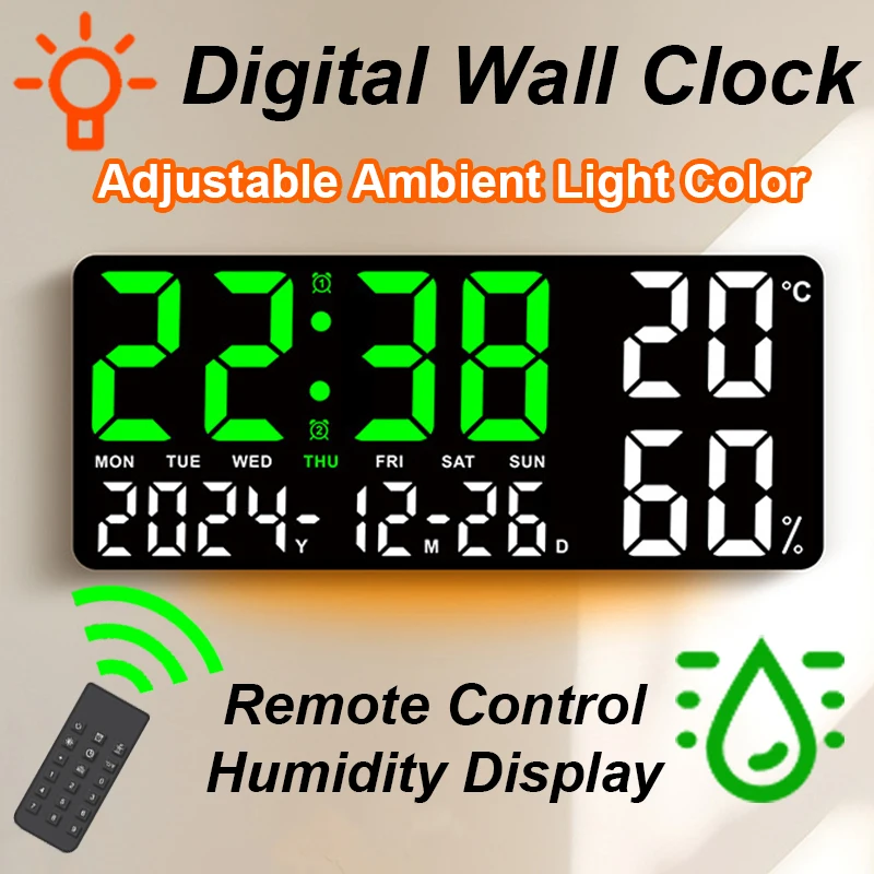 Digitale Wanduhr mit Atmosphärenbeleuchtung, Fernbedienung, TEMP-Feuchtigkeitsanzeige, LED, große Tischuhr, multifunktionaler Wecker Image