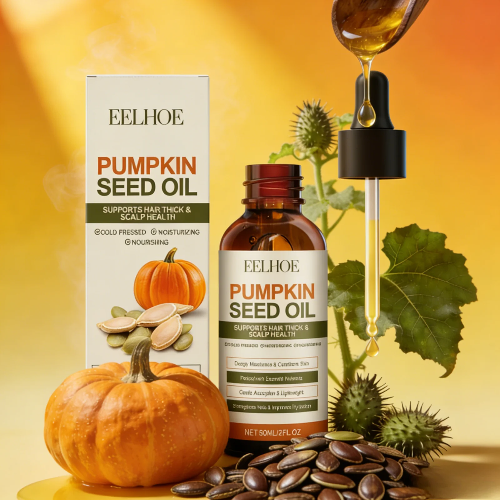 Olio di Semi di Zucca EELHOE per la Crescita dei Capelli, Trattamento Idratante per il Cuoio Capelluto, Riparazione delle Unghie, Olio di Ricino Naturale Biologico Pressato a Freddo