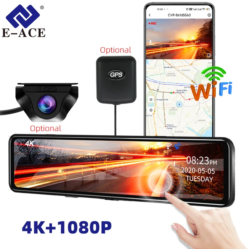 E-ACE Car DVR 24H Touch GPS Night Vision Connect Phone 12 Inch Record Sound Rear Camera 4K Dash Cam Optional Dual-Lens Black Box