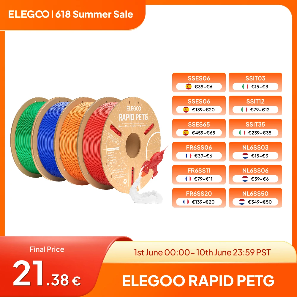 ELEGOO Rapid PETG Filament 1,75 mm 1 kg, Hochgeschwindigkeits-3D-Druckerfilament 30–600 mm/s, 1 kg, passend für die meisten FDM-3D-Drucker Image