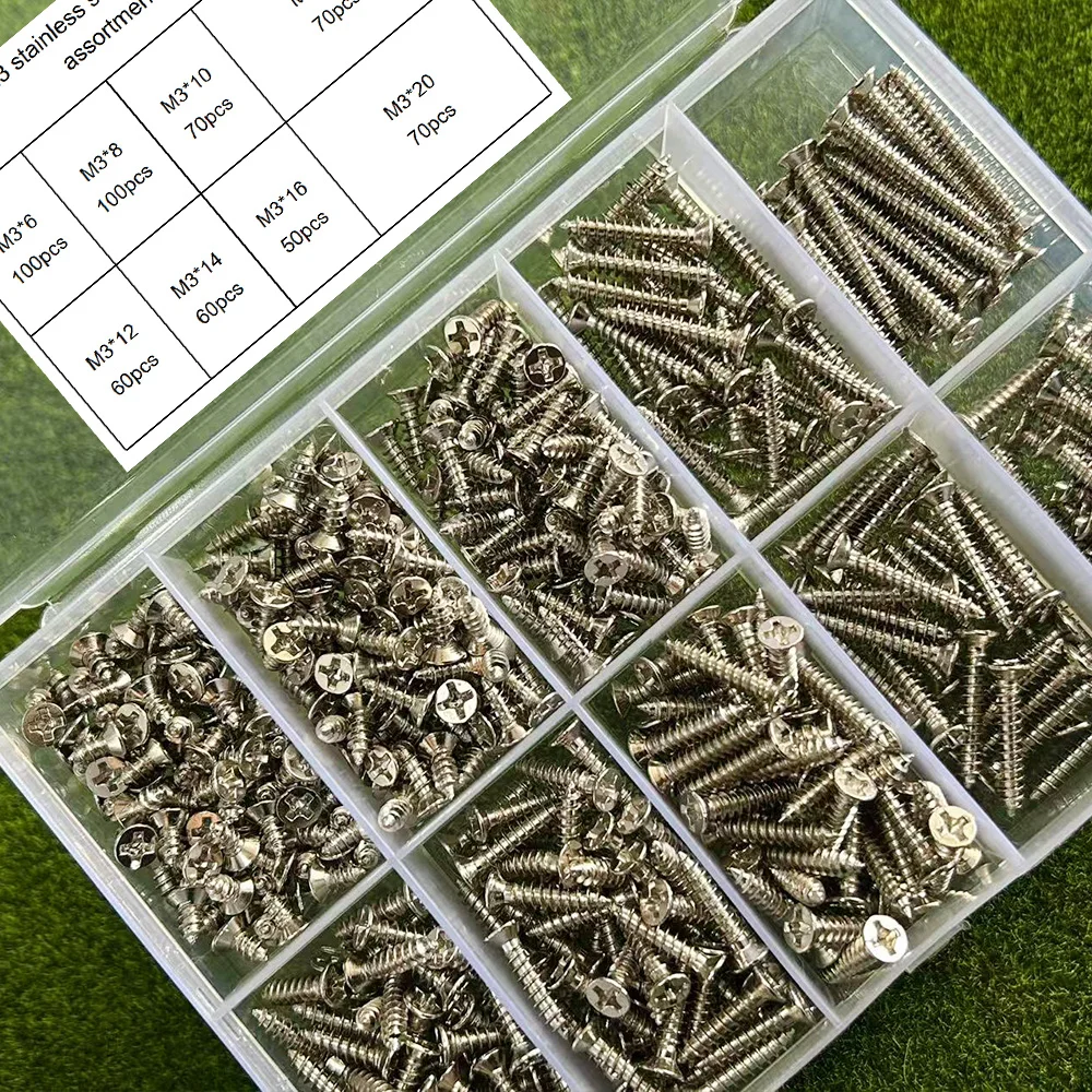 400-teiliges Edelstahl-M3-Blechschrauben-Set, Holzverbindungsschrauben-Set, geeignet zum Befestigen von Holz und Metall. Image