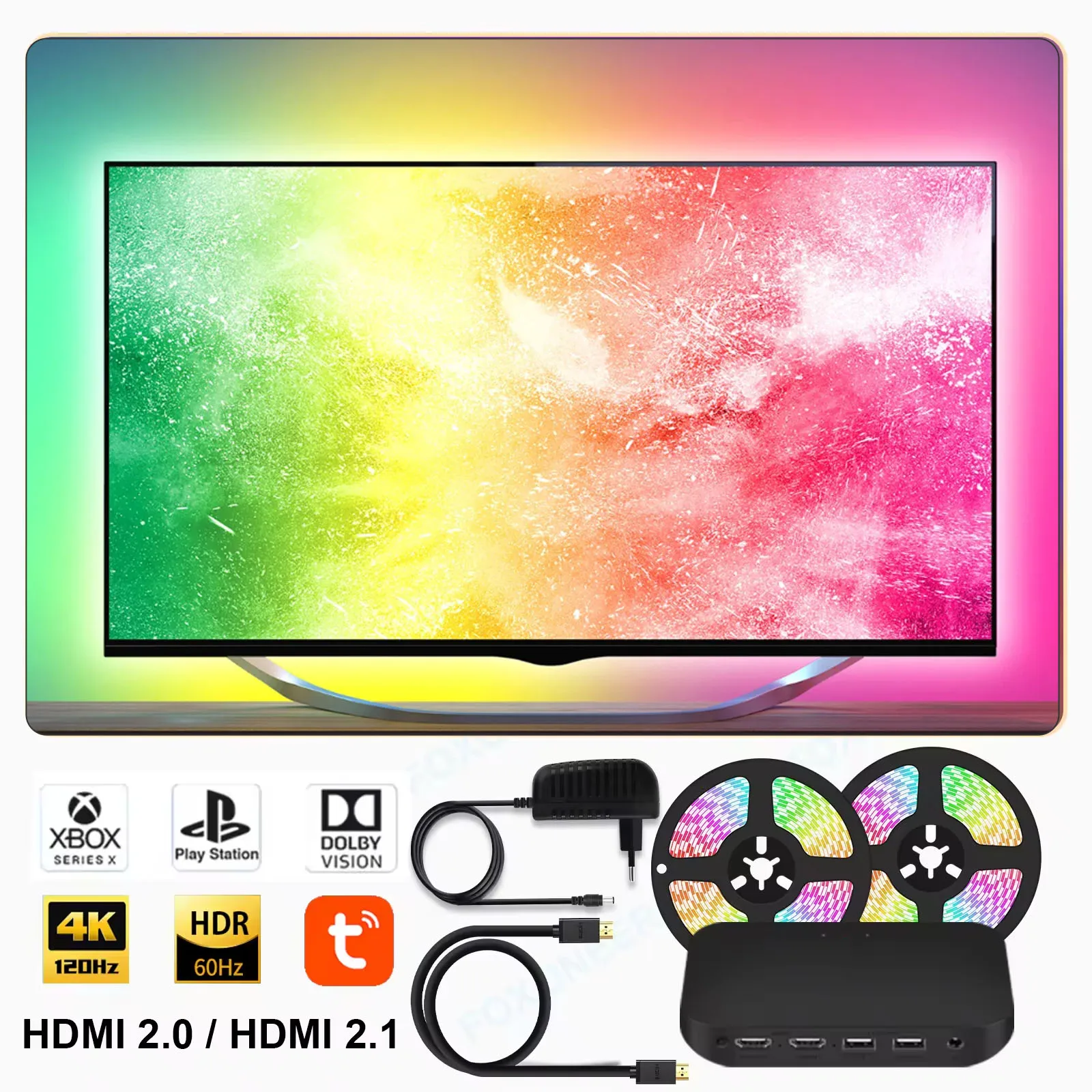 Smart Ambient TV Led-hintergrundbeleuchtung Für 4K HDMI 2,1 Gerät Sync Box Led Streifen Lichter Kit Wifi Alexa Stimme Google assistent Steuerung Image