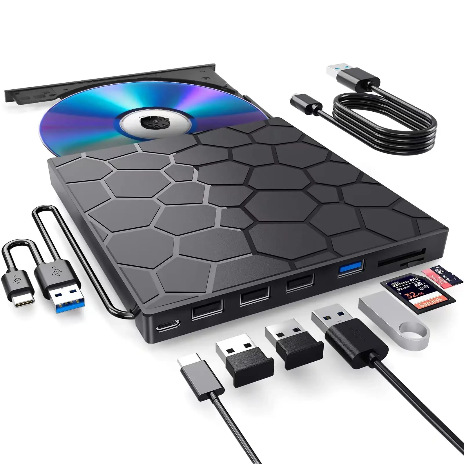 Tragbarer DVD-Player, 7-in-1, externes CD/DVD-Laufwerk, USB 3.0 Typ C, CD-Brenner, externes Festplatte für Desktop, Mac, Windows, Linux Image