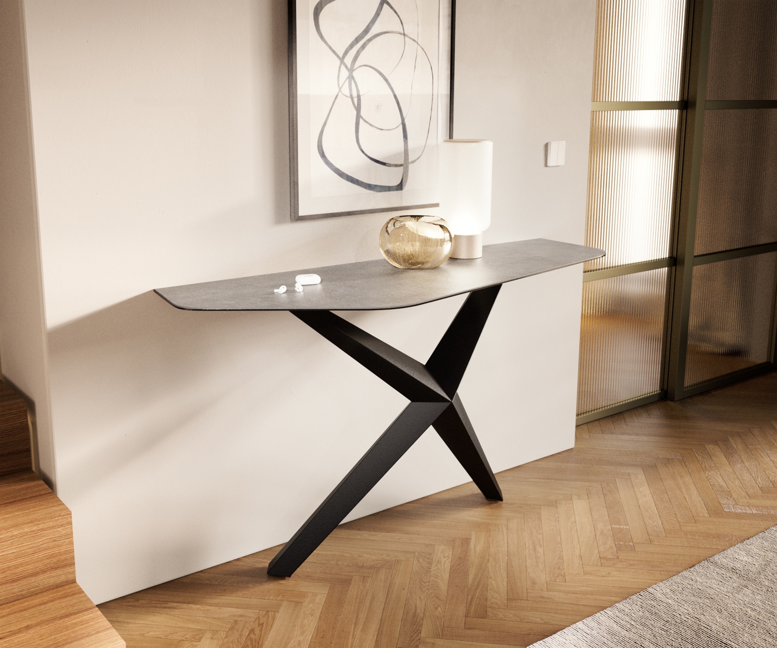 DELIFE Konsolentisch Edge Polygonal 140x50 cm Keramik Beton Grau Zentharo Metall Schwarz, Konsolentische
