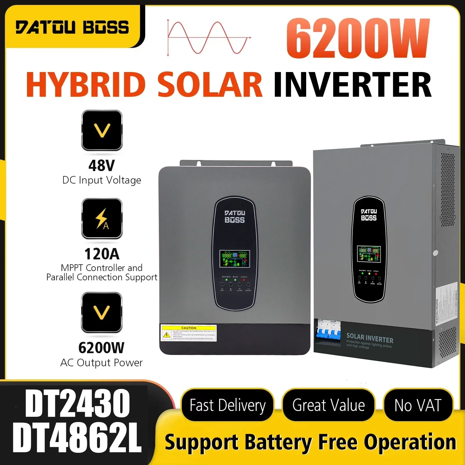 DATOUBOSS 6200W/3000W 48V/24V Onduleur solaire 120A 8500W Entrée PV, onde sinusoïdale pure, onduleur hors réseau avec MPPT, onduleur hors réseau pour système solaire domestique, RV, alimentation de