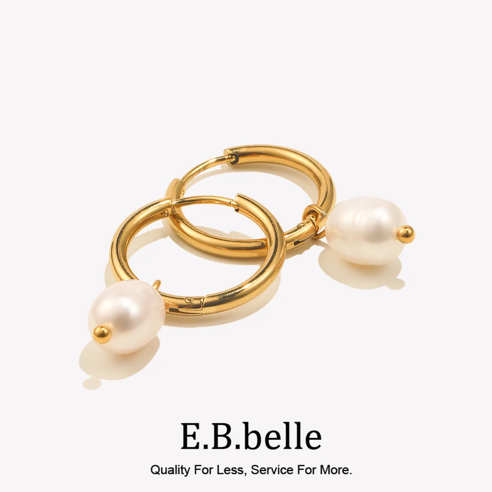 E.B.belle Minimalistische kleine Creolen aus Edelstahl, Süßwasserperlen-Charms, Mädchen und Damen, trendiger Schmuck, 2024, Perlenohrringe Image