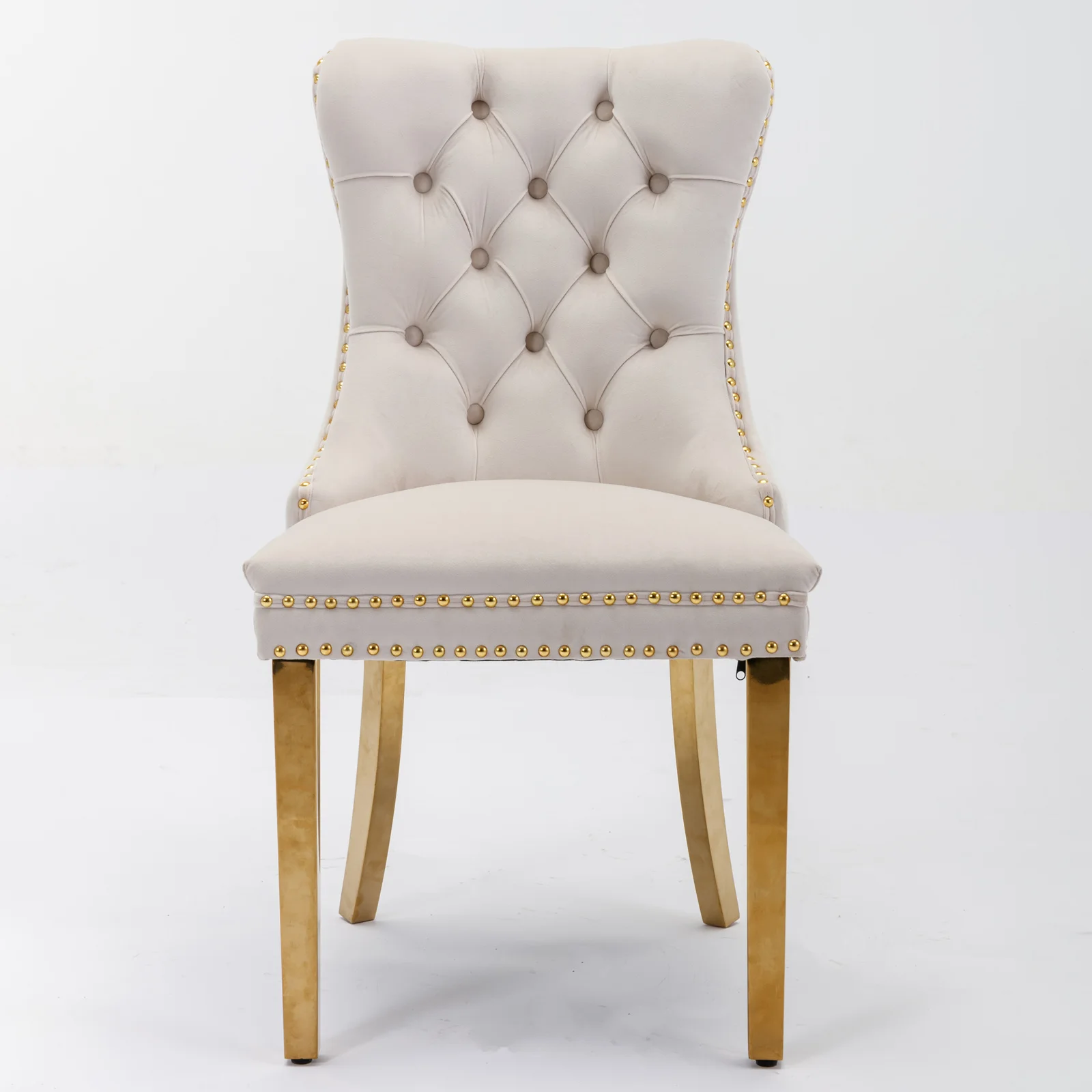 Esszimmerstühle 2er-Set Beige, Polsterstühle mit Samtbezug, Knopfheftung und Ziernagelbesatz, Küchenstühle mit goldfarbenen Beinen, hoher Rückenlehne und Schaumstoffpolsterung für Esszimmer & Küche