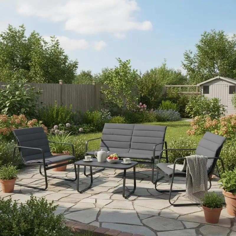 Gartenmöbel-Set mit 2 Stühlen, Bank, Tisch und Kissen, Outdoor-Lounge-Möbel, Sitzgruppe, grau