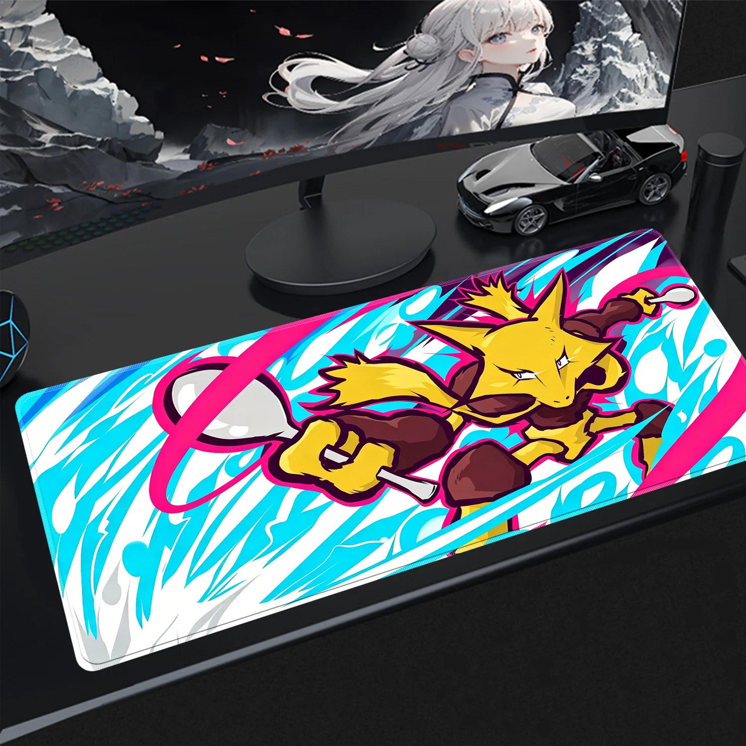 Mauspad, große Schreibtischunterlage, Pokemone Alakazam Anime Playmat, Gaming-Mauspad, 60 x 35 cm, Mauspad für Geschwindigkeit, Computer und Büro, Gamer-Schrank