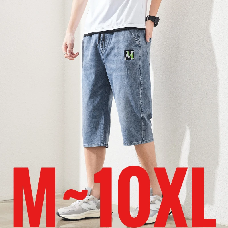 Extra große Herren-Denim-Shorts Größe 52 mit elastischem Bund, lange Bermuda-Hose, Übergröße 10XL, 3/4-Länge, Caprihose unterhalb des Knies