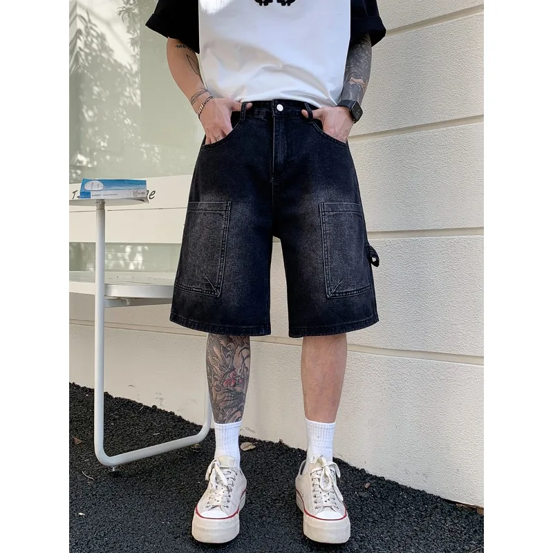 Neue amerikanische Cargo-Denim-Shorts für Herren, Sommer, entspannte Passform, Vintage-Waschung, lässige gerade geschnittene Herren-Shorts