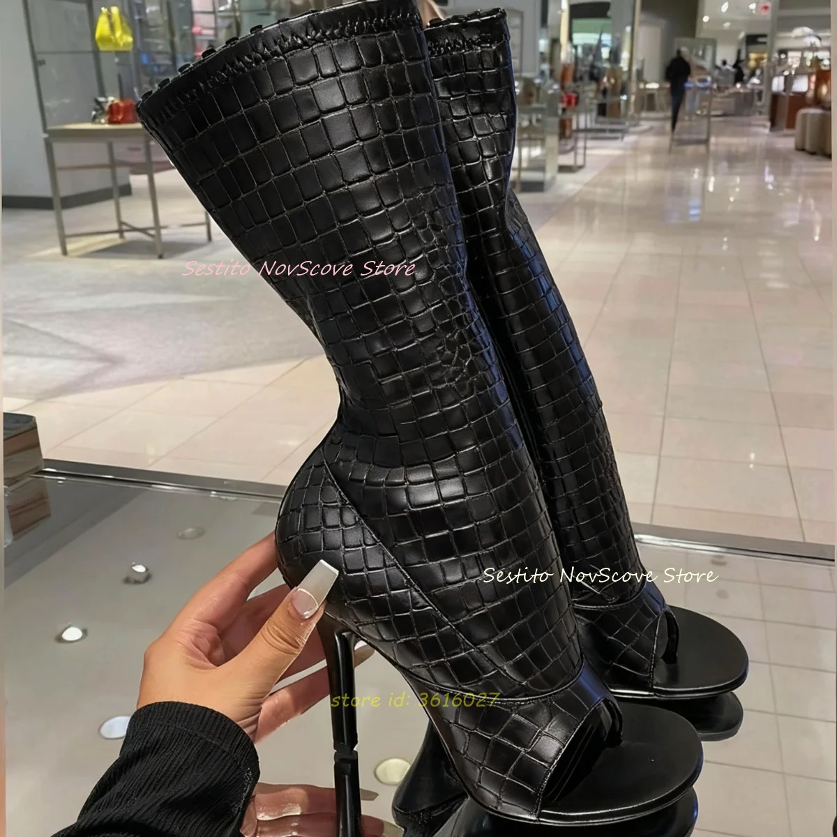 Schwarze Schlangenhautmuster offene Zehensandalen Flip-Flops Mid-Calf Leder Sandalen Stiefel Stiletto High Heels Sexy Frauen Partyschuhe