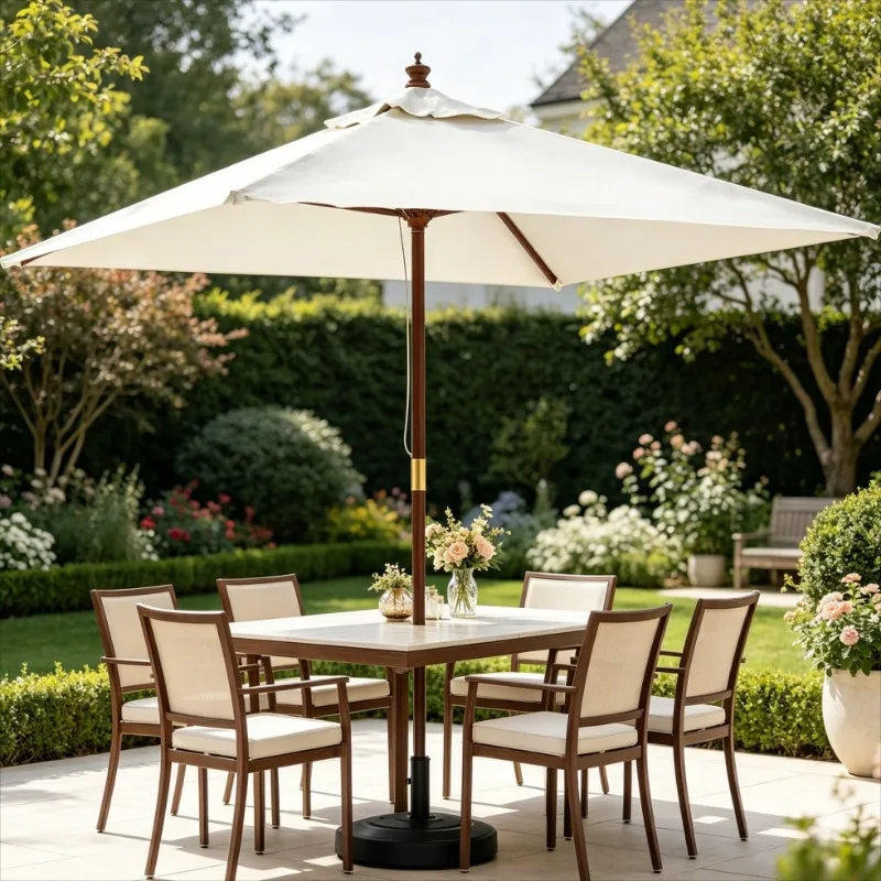 Parasol de jardin avec mât en bois, couleur sable, 198×198×231 cm, élégant et pratique, idéal pour les patios de jardin, les terrasses de jardin, les zones de repas en plein air et la plage, comme une
