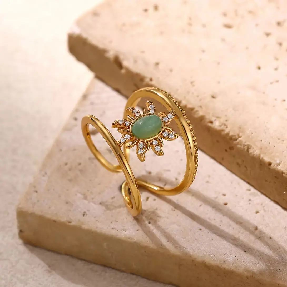 Edelstahl-Ringe mit Sonnen-Naturstein für Frauen, goldfarben, Paarringe, ästhetischer Verlobungs- und Ehering, Schmuck, Partygeschenk, Ba Image