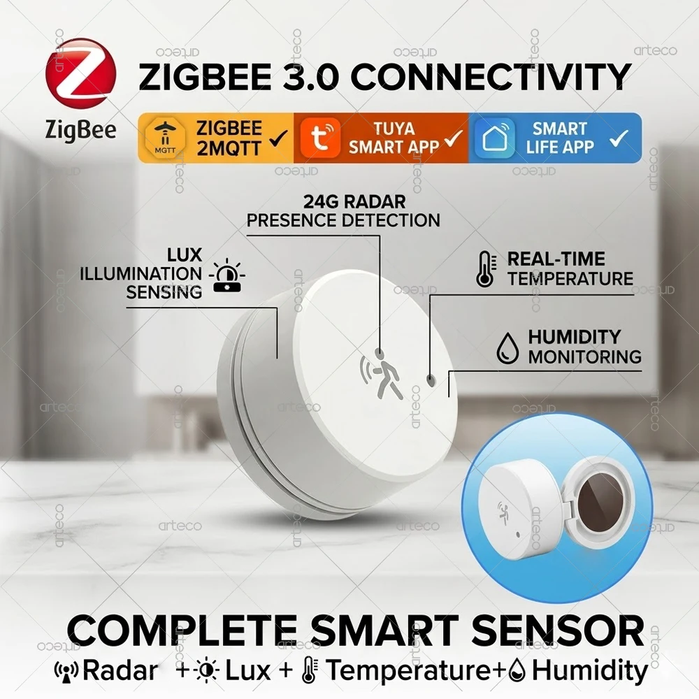 Intelligenter Zigbee-Anwesenheitssensor, 24G Mmwave-Radar-Bewegungsmelder, Temperatur- und Luftfeuchtigkeitserkennung, Lichterkennung für Z2M Tuya Smart Life Image