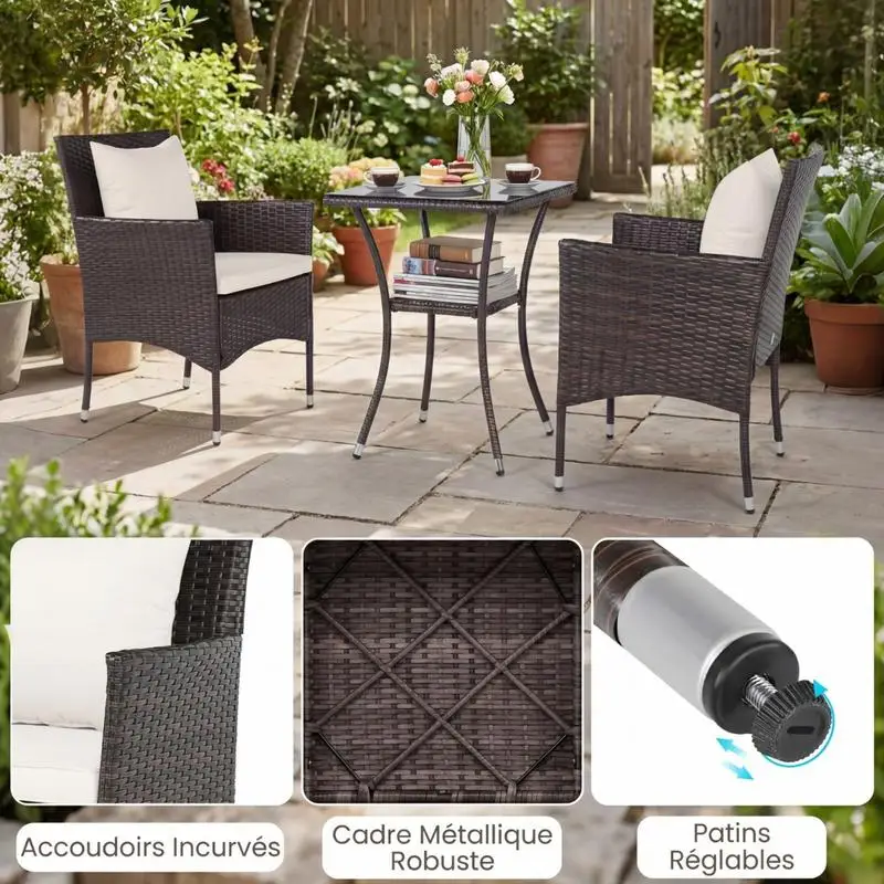 3-teiliges Gartenmöbel-Set: 2 Rattanstühle, 2-stufiger Beistelltisch mit gehärteter Glasplatte, Weiß