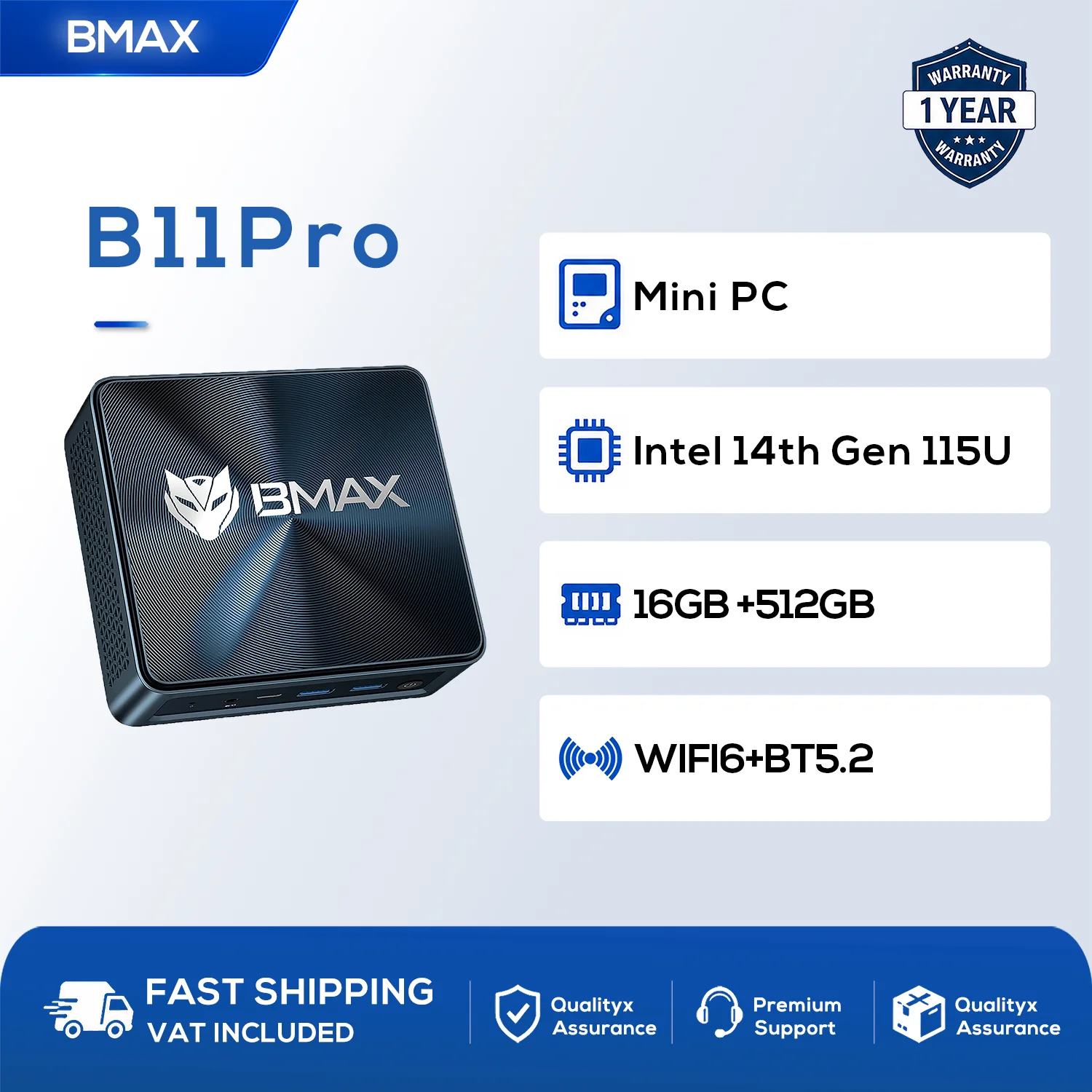 Mini PC de bureau Bmax B11 Pro, processeur Intel Core Ultra 5 115U, 16 Go de RAM, 512 Go de SSD, Wifi, Bluetooth, USB, HDMI, Type-C, Windows 11