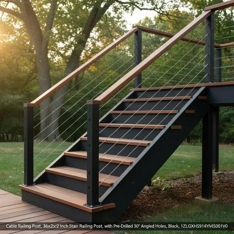 Geländerpfosten, 914x50,8x50,8 mm, für Seilgeländer, mit 30 vorgebohrten Löchern ° Unterstützung für horizontale und gebogene Geländer, für Handläufe, Balustraden, Schwarz, 1JZLGZXHS914YIVIS001V0 Image