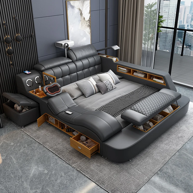 Intelligentes Lederbett mit Polsterung und Stauraum King-Size Multifunktionales Deluxe-Bett Image