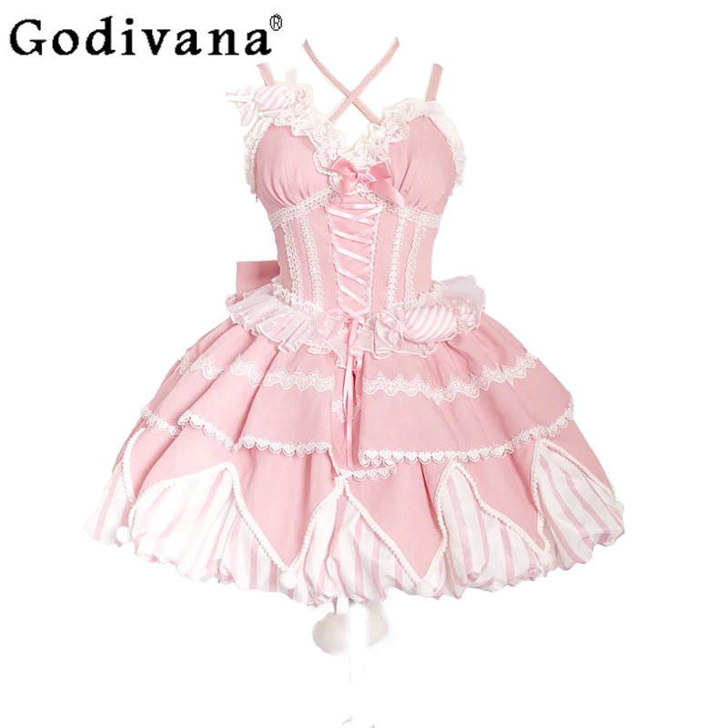 Süße JSK süße große Schleife Lolit rosa Spitze V-Ausschnitt Prinzessin Hosenträgerkleid Mädchen Sommer Rüschen hohe Taille A-Linie japanische Kleider