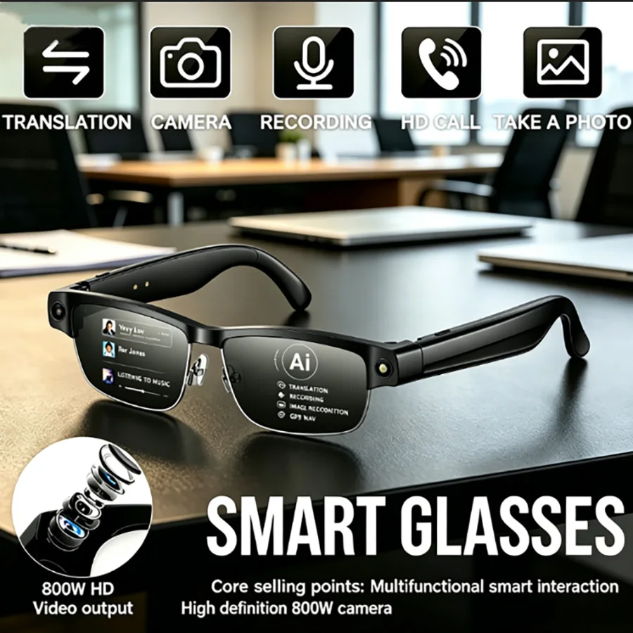 2026 Neue 800W Kamera 1200P Anti-Shake HD Video KI-Smart-Brille mit Aufnahmefunktion, Übersetzung, Sprachassistent, Musik, BT-Anruf SmartGlasses Image