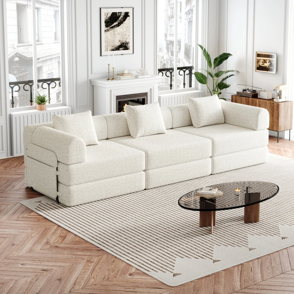 Chenille-Schlafsofa 2-in-1 mit Stauraum in der Armlehne, drei Metallrahmen Image