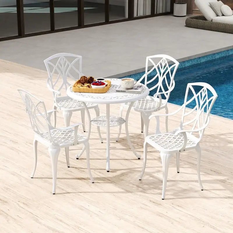 5-teiliges Gartenmöbel-Set aus Aluminiumguss, bestehend aus 4 Stühlen und 1 Tisch mit Schirmloch.