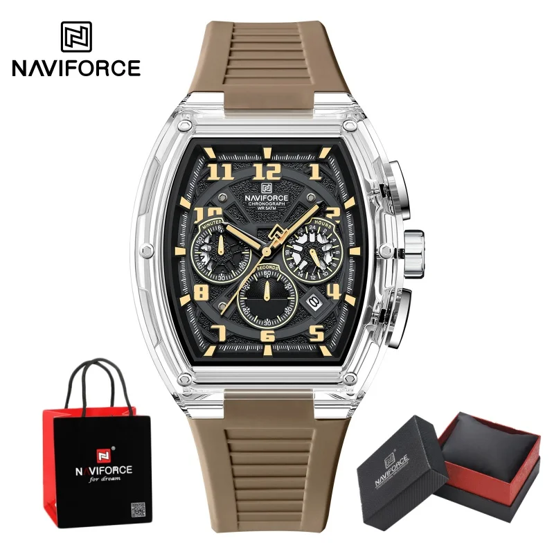 Montre chronographe à quartz NAVIFORCE pour homme, bracelet en silicone souple lumineux, montre de sport décontractée pour l