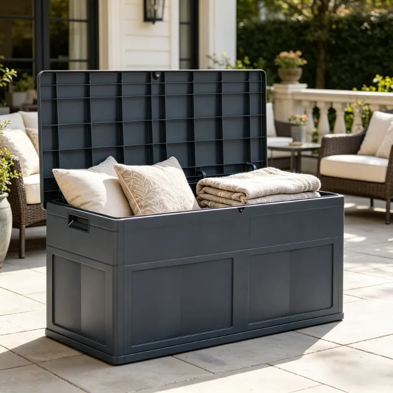 Boîte de rangement de jardin noire et organisateur extérieur, 320L, idéal pour patio, balcon et jardin, rangement spacieux pour coussins, outils de jardin et fournitures d'extérieur