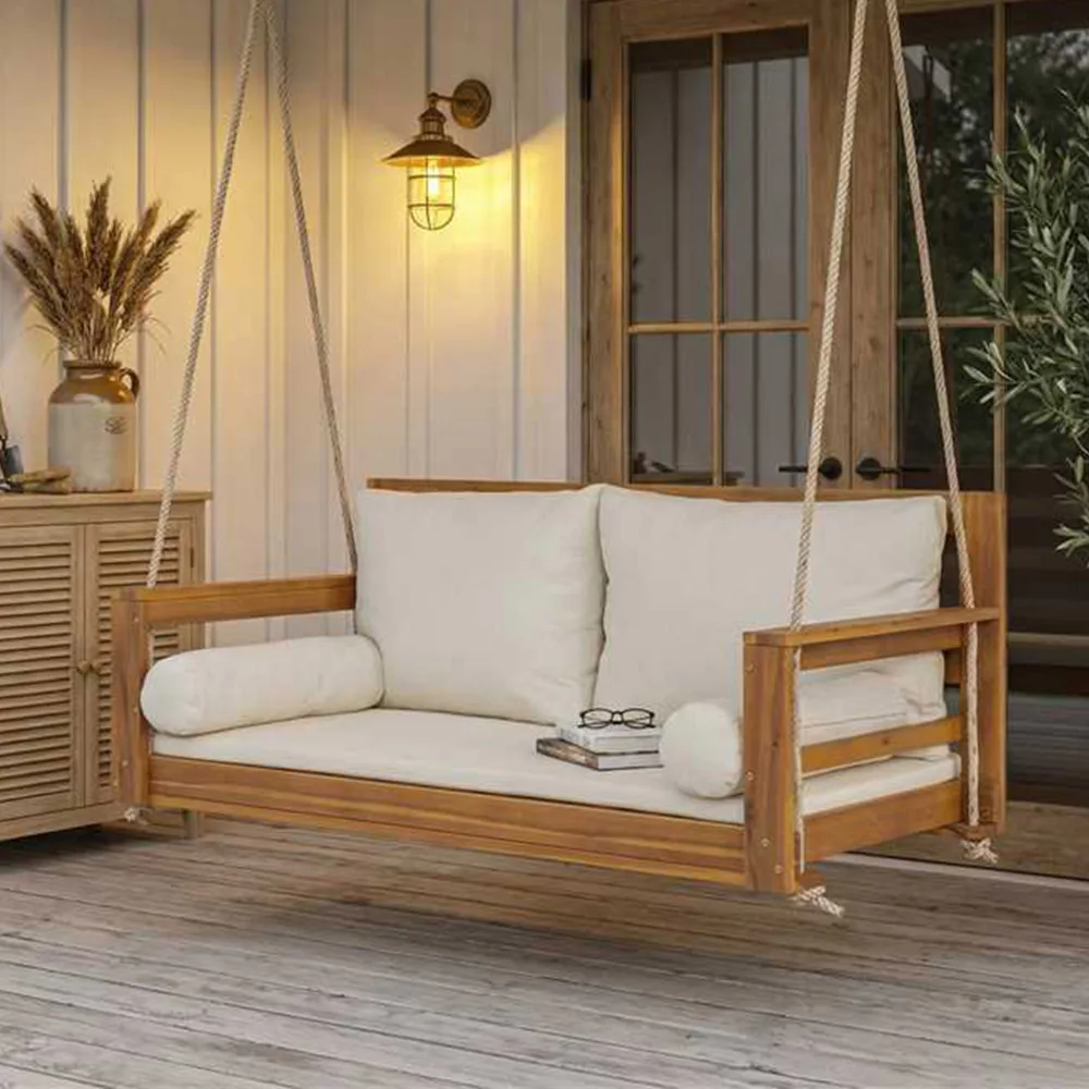 Doppelsitzige Schaukelbank aus Akazienholz für den Garten, Hängeschaukelbank mit abnehmbarem, waschbarem Kissen und 2 Aufhängeleinen, Massivholz-Terrassenschaukel für Garten, Balkon, Veranda, Hof und