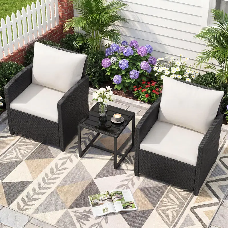 Rattan-Gartenmöbel-Set mit 2 Stühlen mit Kissen und Glastisch, Sitzgruppe für den Außenbereich, schwarz und beige