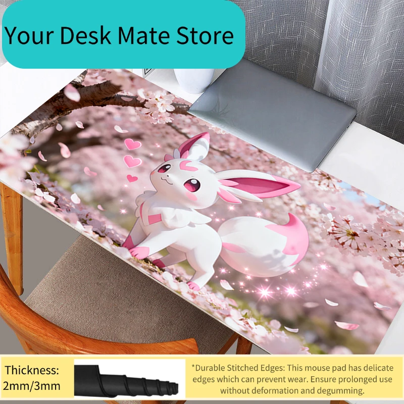 Mauspad, Anime, Pokemon, Sylveon, Kirschblüten, Anime, erweitertes Gaming-Mauspad, rutschfeste große Schreibtischunterlage Image