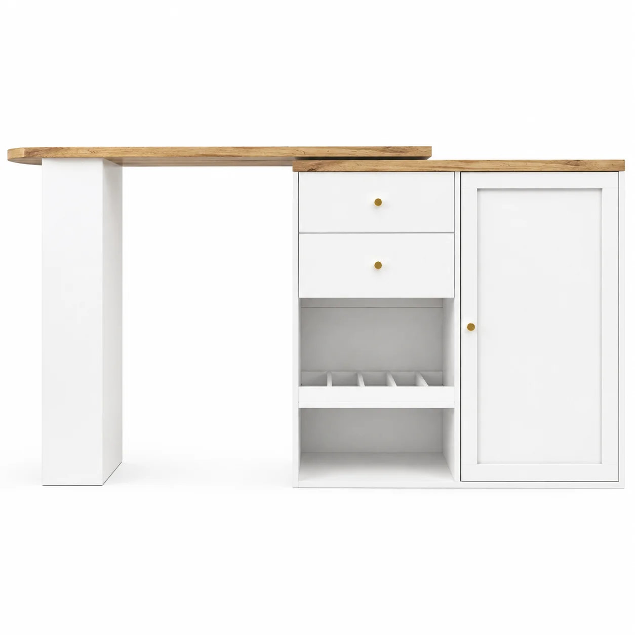 Drehbarer Bartisch 105 x 39 x 102 cm, Barschrank aus MDF mit 2 Schubladen, Schiebetür und offenem Stauraum, Küchentheke für Küche, Esszimmer und Wohnzimmer, Weiß/Natur