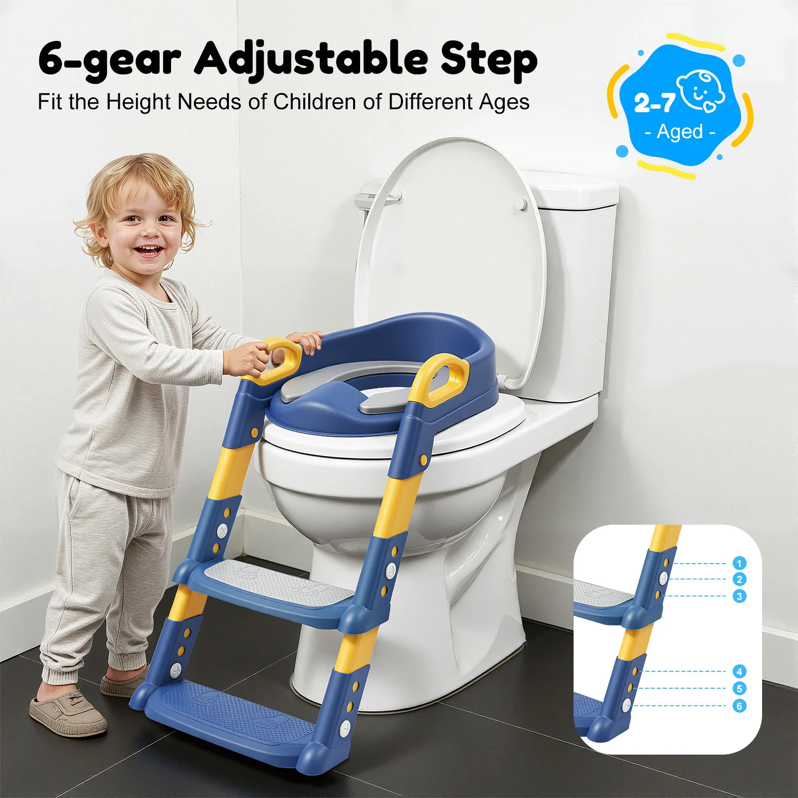 Töpfchentrainer-Sitz, rutschfester Tritthocker, faltbarer Handlauf, weiches Kissen, höhenverstellbar für Kinder von 2-7 Jahren, für V-, U- und O-förmige Toiletten