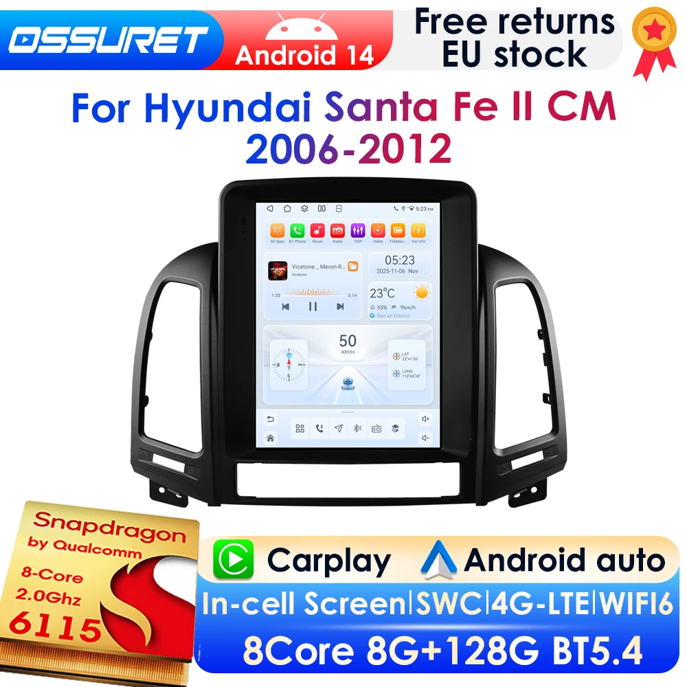 Autoradio Android 14 con schermo verticale da 9,7 pollici 2 DIN per Hyundai Santa Fe II CM 2006-2012, lettore multimediale GPS per auto, Carplay wireless, Android Auto, 4G, DSP, BT, Mirror Link, SWC,