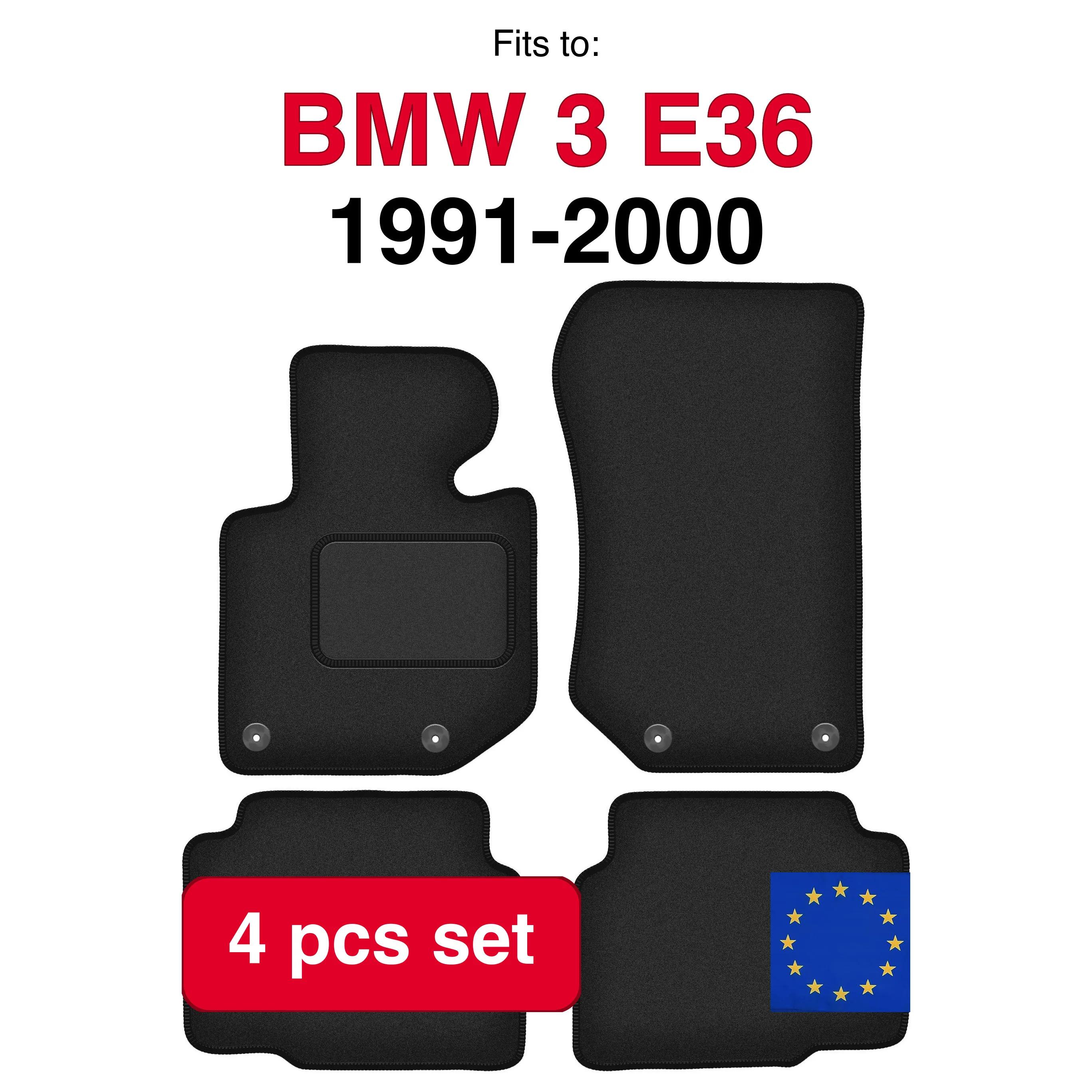Tapis de voiture en velours pour BMW 3 E36 Compact Coupé Berline Break Touring (1991-2000) - Noir (4 pièces) - Ensemble de tapis de voiture sur mesure