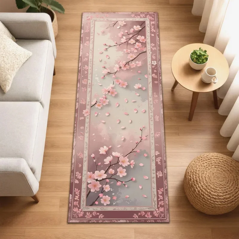 VIKAMA Japanischer Sakura-Läufer, Kirschblüten-Blumen-Flurteppich, Pastellrosa Japandi Zen-Stil Weicher & Saugfähiger Teppich Image