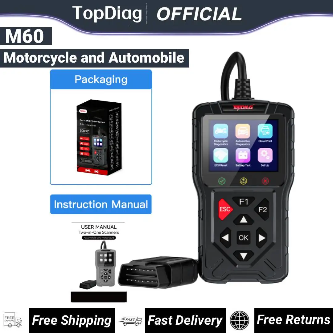 Lecteur de codes OBD2 Topdiag M60, outil de diagnostic automobile, lecture des codes de panne de moto et d