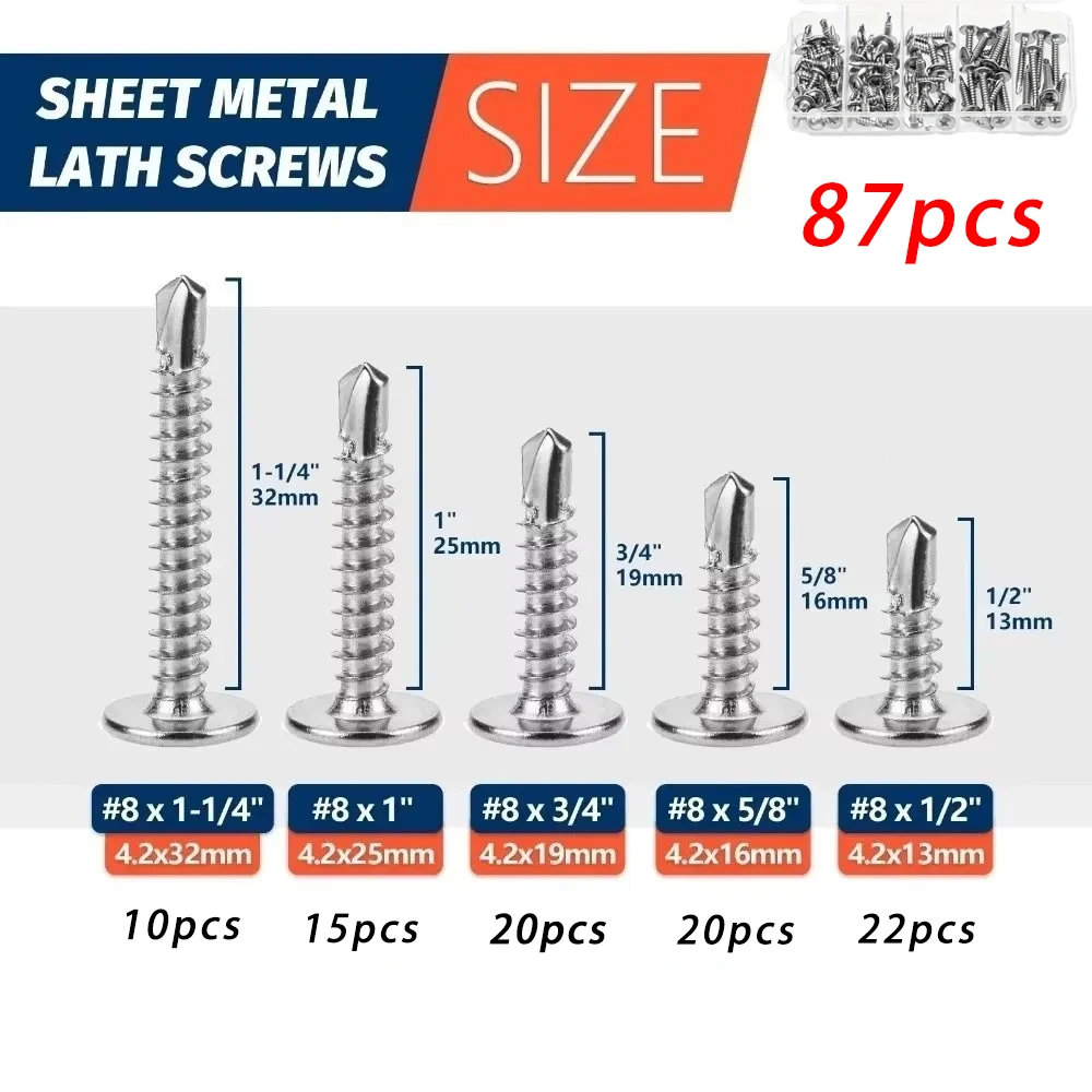 87 Stück # 8 Modifizierte Truss-Head 410 Blechschrauben-Sortiment aus Edelstahl, selbstschneidend für Metall und Kunststoff, Bohrschrauben Image