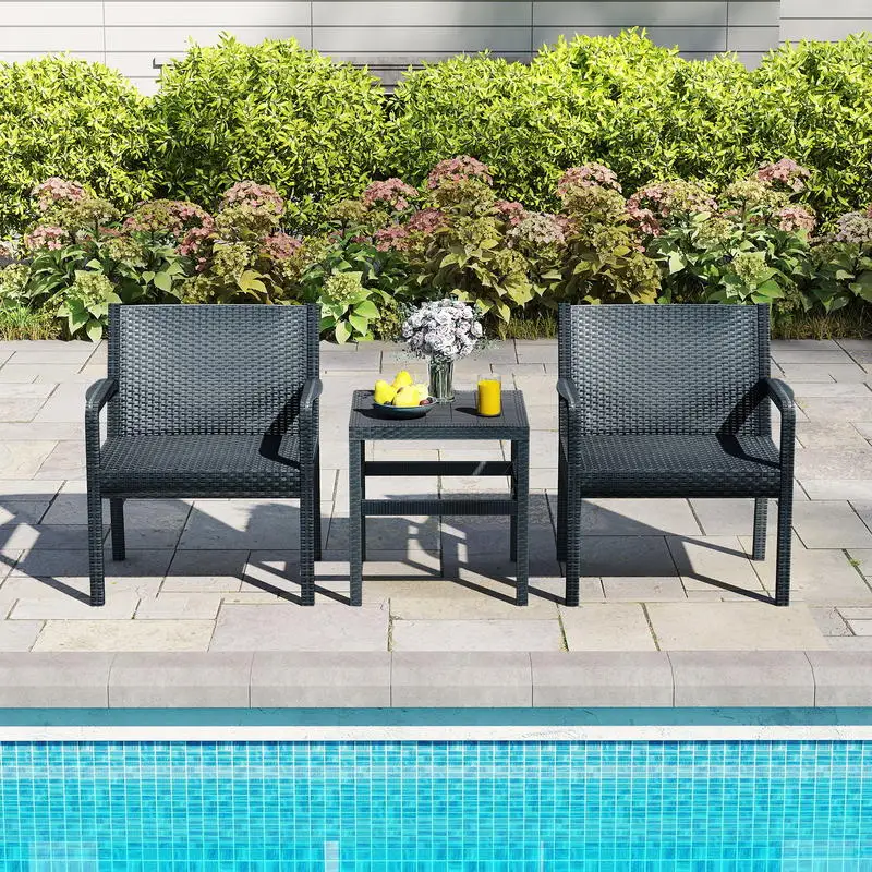 3-teiliges Gartenmöbel-Set aus Rattan, wetterfeste Balkonmöbel, Balkon-Set inklusive 2 Stühlen mit Tisch, grau