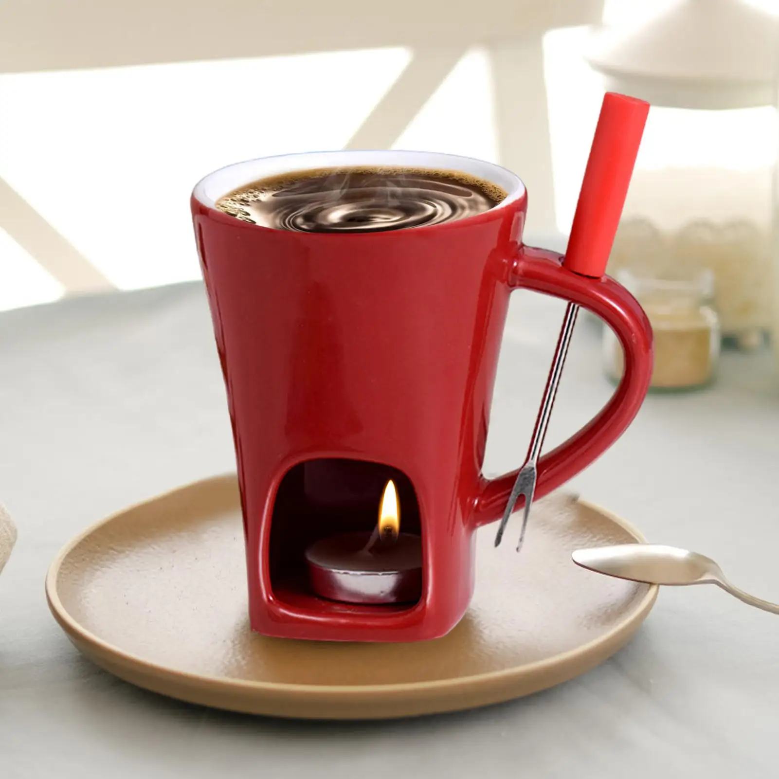 130/200 ml Keramik-Schokoladenfondue-Becher mit Gabel und persönlicher Schmelzkerzenbecher für Dessert, Feier, Familie, Urlaub, Party Image