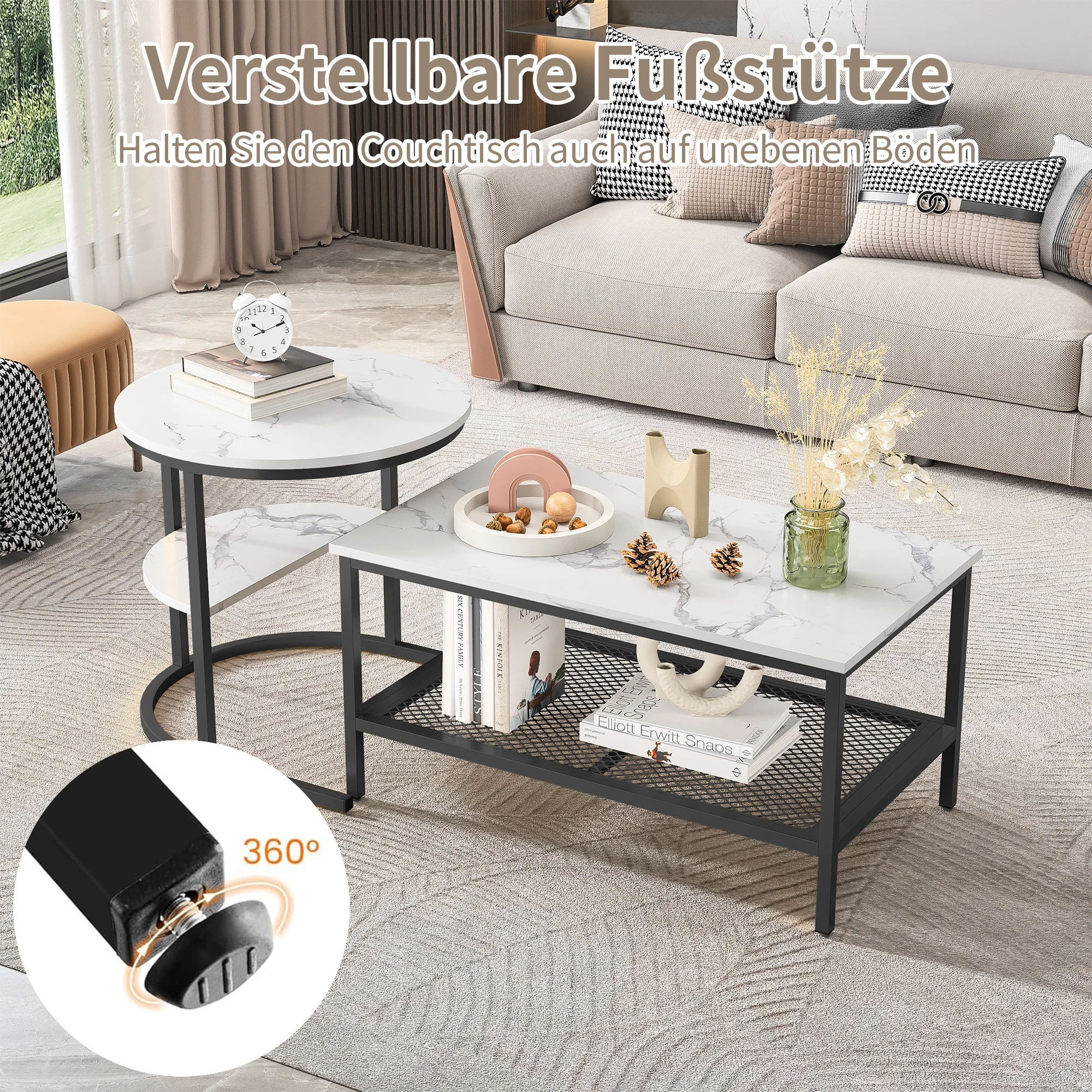 Anajqaqia Couchtisch-Set, 2-teilig, 2-in-1 Wohnzimmertisch mit Stauraum, Moderner Sofatisch, Rund und Rechteckig in Marmoroptik, Beistelltisch-Set mit Metallrahmen, Schwarz